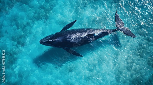 An aerial view of a humpback whale swimming in clear blue water.