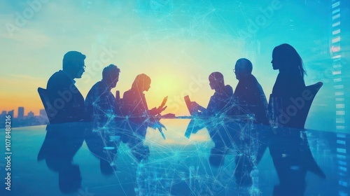 A group of businesspeople are silhouetted against a city skyline at sunset, with a network of lines connecting them.