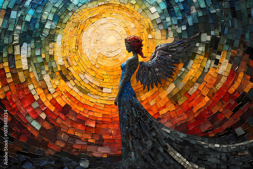 An angel in the night sky in a brightly colored mosaic