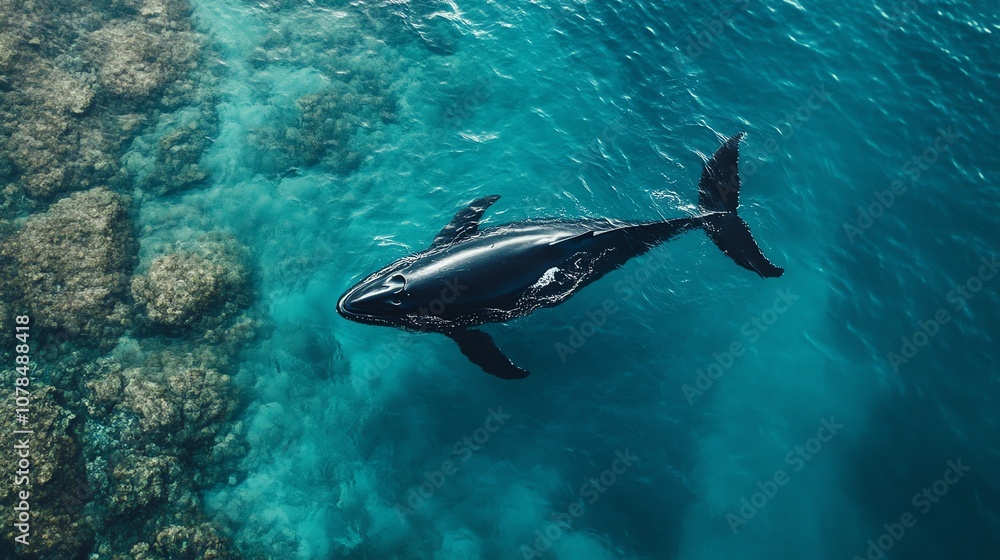 A humpback whale swims near a coral reef. A humpback whale swims near a coral reef.