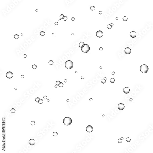 Oxygen air bubbles flow in water on white background.