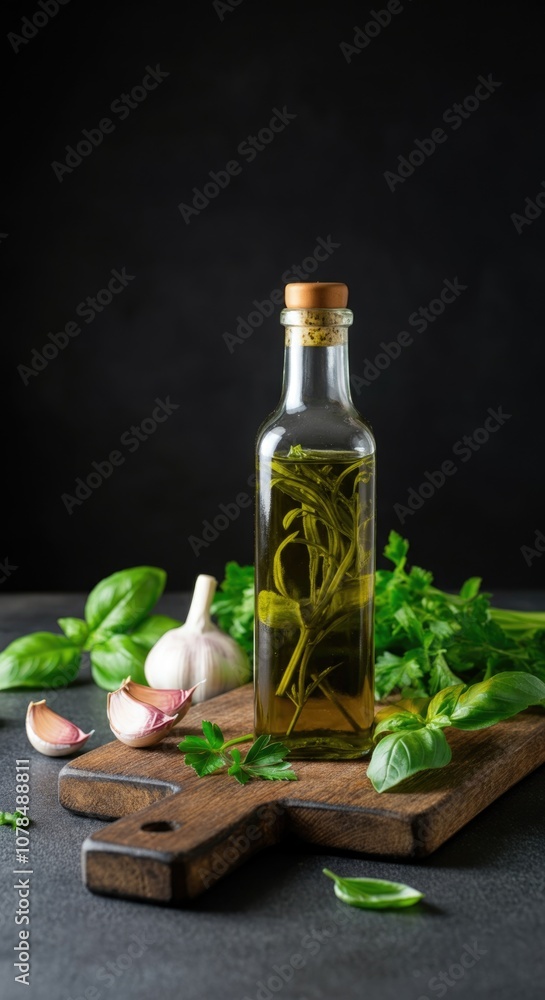 Fresh Basil and Garlic Infused Olive Oil in Elegant Glass Bottle Fresh Basil and Garlic Infused Olive Oil in Elegant Glass Bottle