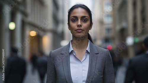 Confident Businesswoman Standing on Busy City Street  photo