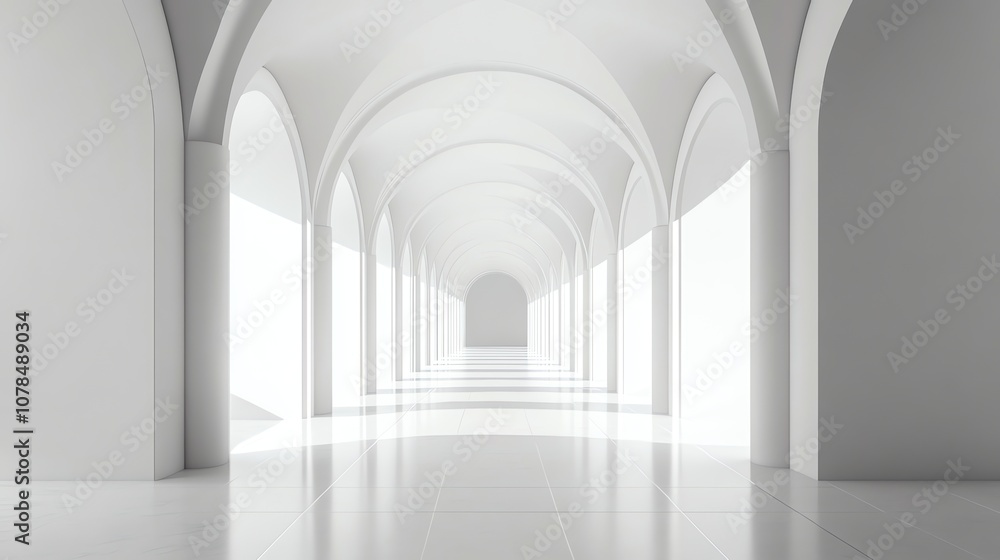 A long, white hallway with arches receding into the distance. A long, white hallway with arches receding into the distance.