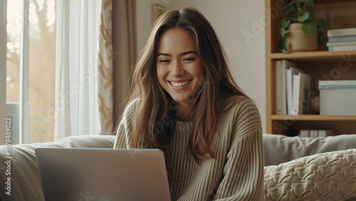 Smiling young woman sitting with laptop at home