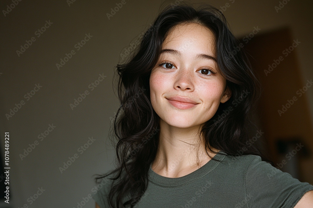 Portrait of Asian woman with radiant, glowing skin peaceful expression. focusing on her natural beauty and luminous skin. Portrait of Asian woman with radiant, glowing skin peaceful expression. focusing on her natural beauty and luminous skin.