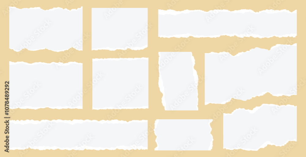 Set of torn paper sheet ripped strips. Torn notebook page or scrap note with damaged border. Sticky newspaper clip art. Vector illustration Set of torn paper sheet ripped strips. Torn notebook page or scrap note with damaged border. Sticky newspaper clip art. Vector illustration