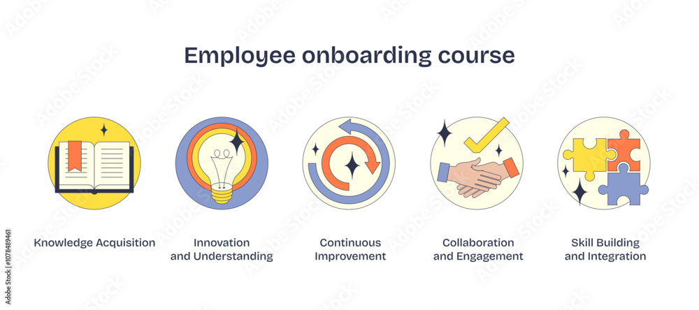 Employee onboarding course visual with book, lightbulb, and puzzle pieces, transparent background. Employee onboarding course visual with book, lightbulb, and puzzle pieces, transparent background.