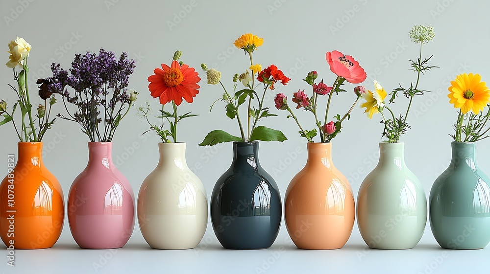 A row of small, simple, bottle-shaped vases in a rainbow gradient of pastel colors (purple, pink, coral, peach, orange, yellow, light green, and dark green) are arranged on a plain, light gray A row of small, simple, bottle-shaped vases in a rainbow gradient of pastel colors (purple, pink, coral, peach, orange, yellow, light green, and dark green) are arranged on a plain, light gray