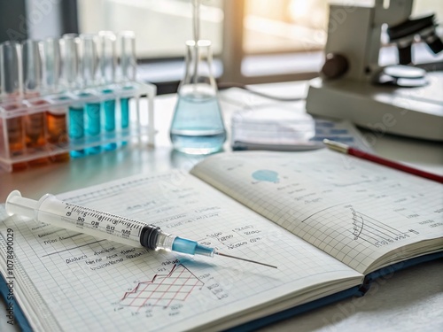 Data-Driven Insights: Exploring the Intersection of Science and Medicine Through a Needle and Lab Notebook in a Rule of Thirds Composition