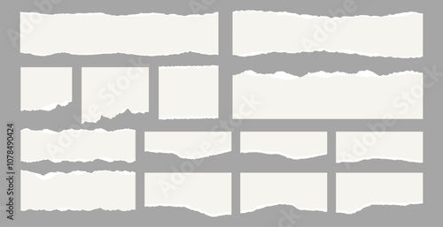 Torn sheets of paper. Torn paper strips set. Light beige paper shapes with jagged uneven edges. Ripped fragments for message label, banner, collage and text box .Vector illustration