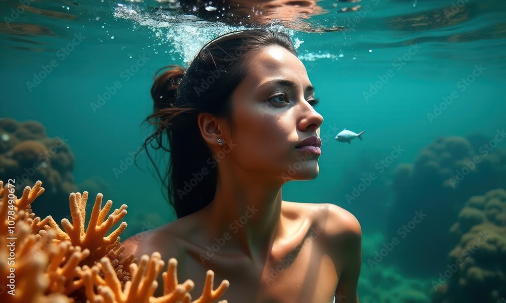 Woman swims underwater in coral sea or ocean Woman swims underwater in coral sea or ocean