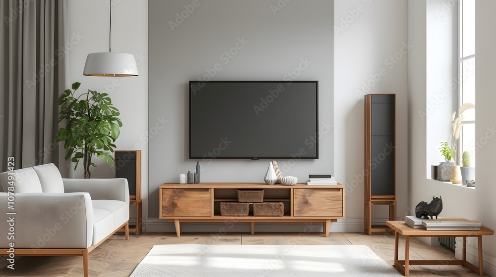 Room layout highlighting a warm wooden frame containing a modern minimalistic cinematic poster AI generated illustration Room layout highlighting a warm wooden frame containing a modern minimalistic cinematic poster AI generated illustration