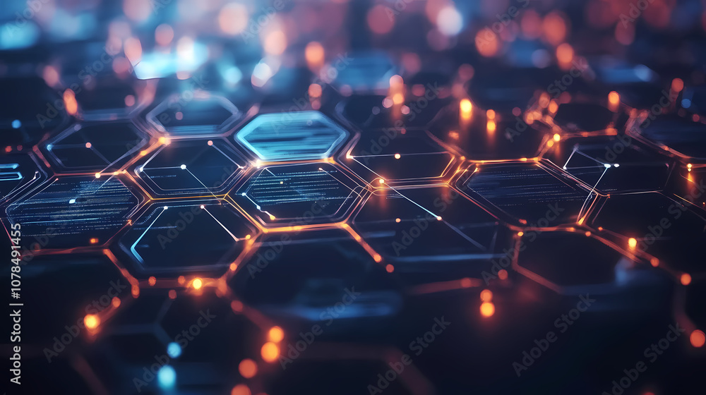 Obraz premium Futuristic hexagonal pattern filled with thin lines interconnecting glowing hexagons. In this background, hexagons represent digital interfaces or tech systems.