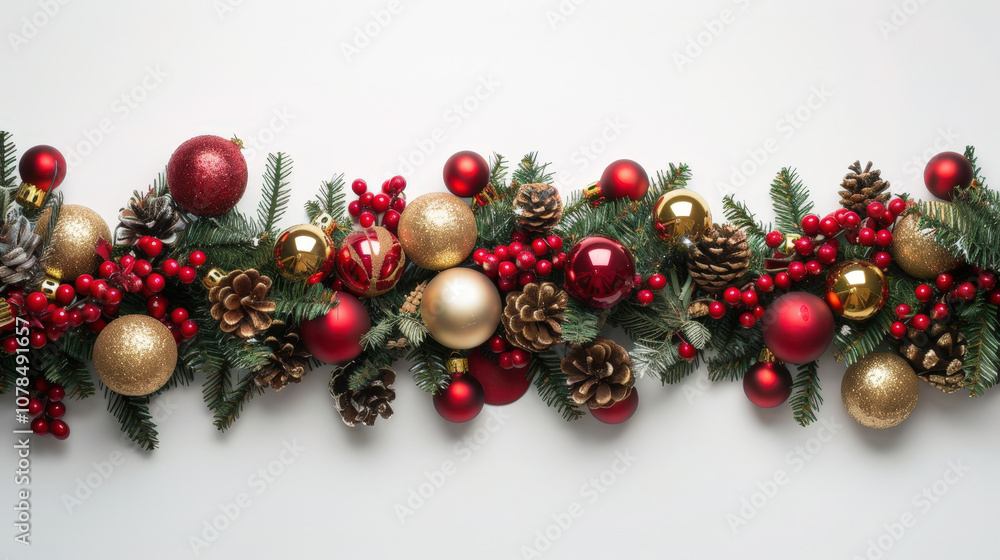 christmas gaarland with red and gold balls and pinecones christmas gaarland with red and gold balls and pinecones
