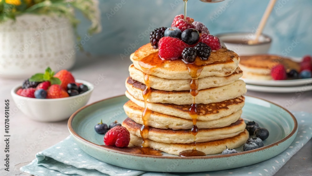 Delightful Clip Art of Stack of Fluffy Pancakes with Syrup and Berries, Perfect for Breakfast Menus, Cookbooks, and Food Blogs in Vibrant Colors and Textures Delightful Clip Art of Stack of Fluffy Pancakes with Syrup and Berries, Perfect for Breakfast Menus, Cookbooks, and Food Blogs in Vibrant Colors and Textures