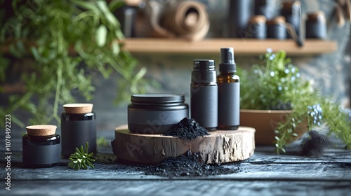 Rustic setting of charcoal activated skincare products AI generated illustration