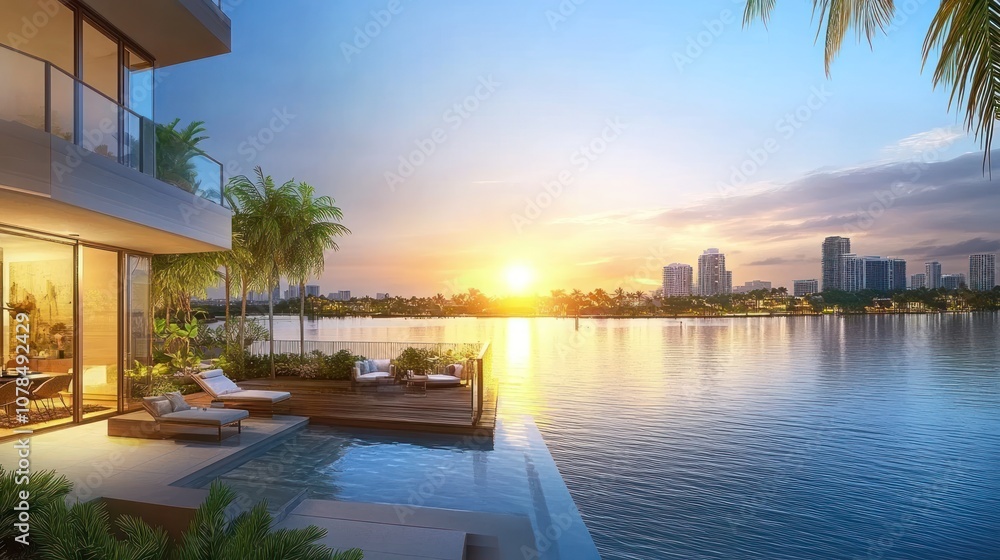 Fototapeta premium Close up of a modern villa with a private infinity pool on the roof overlooking the skyline. Ai generated image