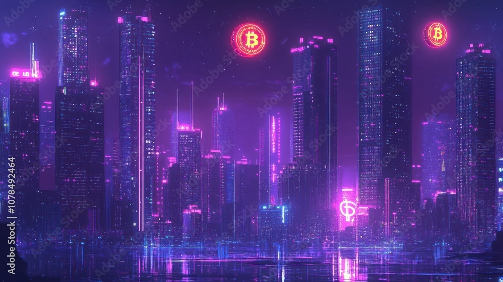 A cyberpunk cityscape with glowing skyscrapers and bitcoin symbols. A cyberpunk cityscape with glowing skyscrapers and bitcoin symbols.