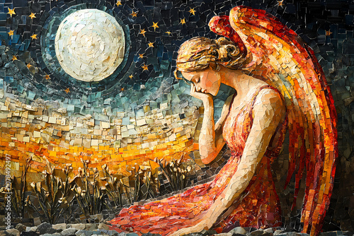 An angel in the night sky in a brightly colored mosaic