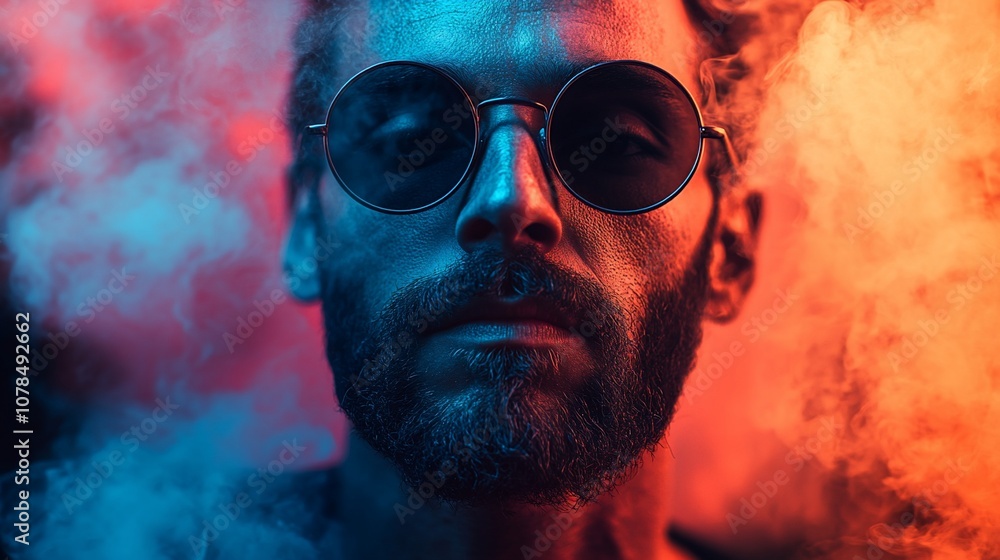 A man with sunglasses and a beard stands in front of a blue and orange smoke backdrop. A man with sunglasses and a beard stands in front of a blue and orange smoke backdrop.