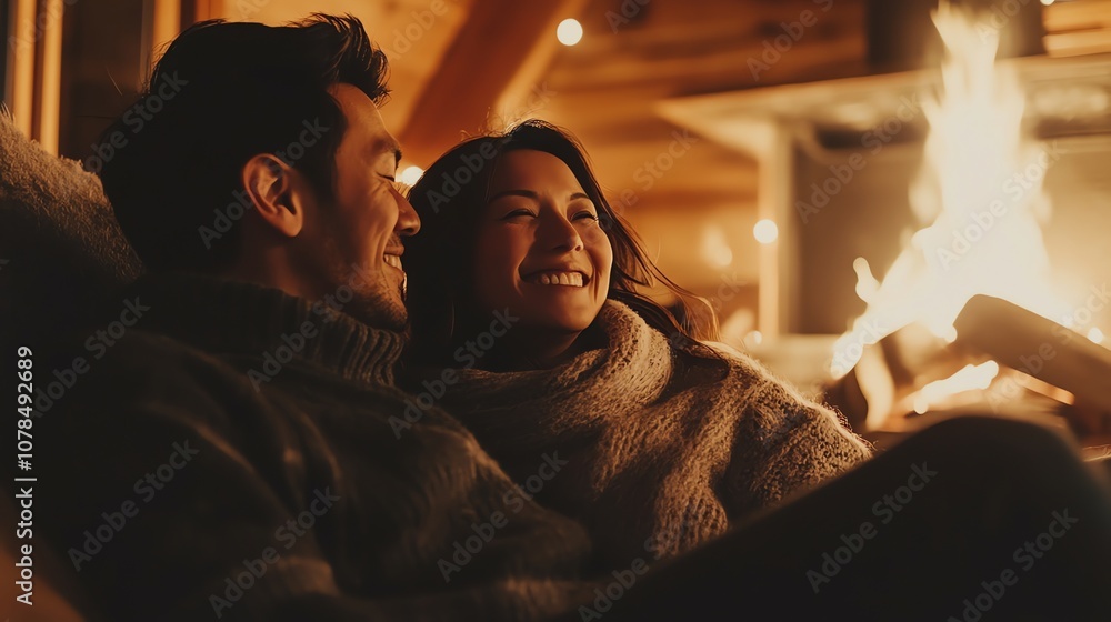 A couple in warm sweaters sits by a fireplace, laughing and looking at each other. A couple in warm sweaters sits by a fireplace, laughing and looking at each other.