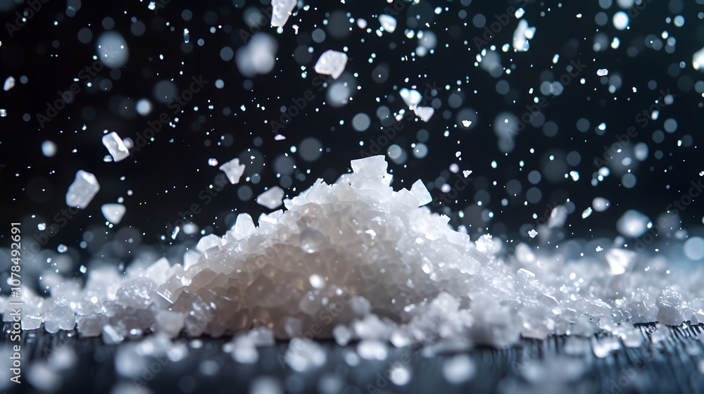 Salt crystals sprinkled against a dark contrasting background AI generated illustration