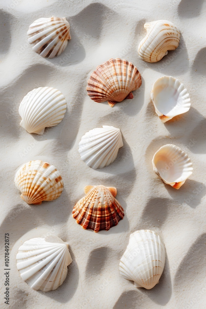 Scattered seashells in a flat lay atop smooth sand displayed in a minimalistic AI generated illustration Scattered seashells in a flat lay atop smooth sand displayed in a minimalistic AI generated illustration