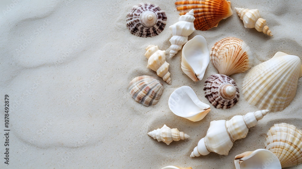 Scattered seashells in a flat lay atop smooth sand displayed in a minimalistic AI generated illustration