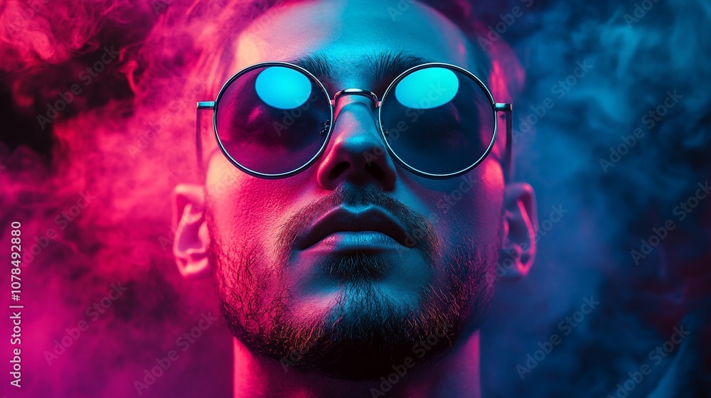 Close-up portrait of a young man wearing sunglasses with pink and blue neon lighting in the background. Close-up portrait of a young man wearing sunglasses with pink and blue neon lighting in the background.