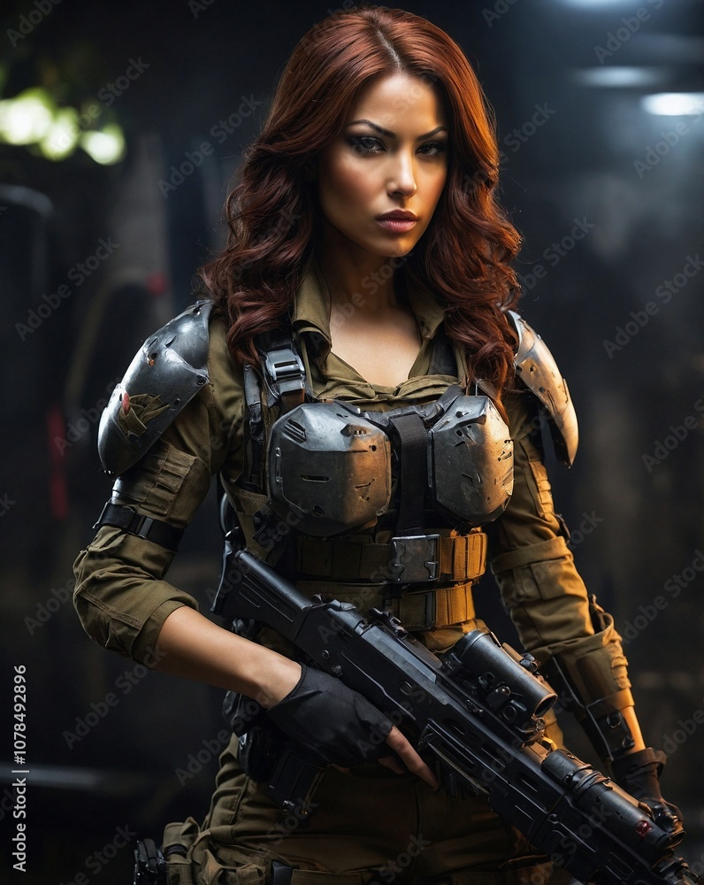 Naklejka premium G.I.Joe female soldier equipped with fantasy weapons. High resolution detailed photography.