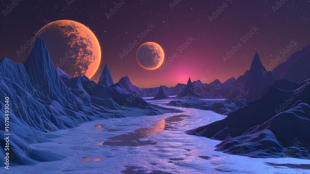 Fototapeta premium Scifi space scene with alien planets in a D AI generated illustration