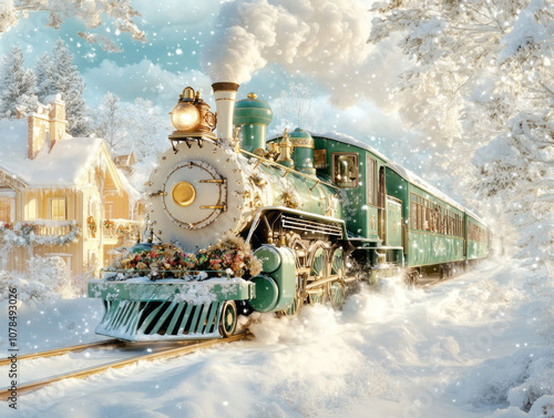 Festive holiday train surrounded by snowy landscapes and Christmas decorations, creating a magical scene photo