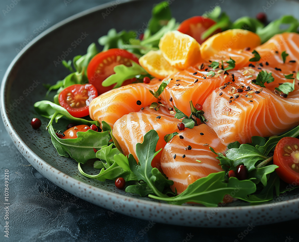 Smoked salmon with arugula salad, cherry tomato, and orange on a grey plate, perfect for fine dining photography. Smoked salmon with arugula salad, cherry tomato, and orange on a grey plate, perfect for fine dining photography.