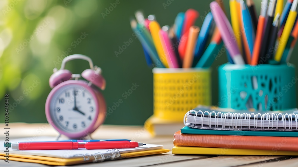 Show a childs desk with notebooks stationery and an alarm clock signifying Back to School AI generated illustration Show a childs desk with notebooks stationery and an alarm clock signifying Back to School AI generated illustration