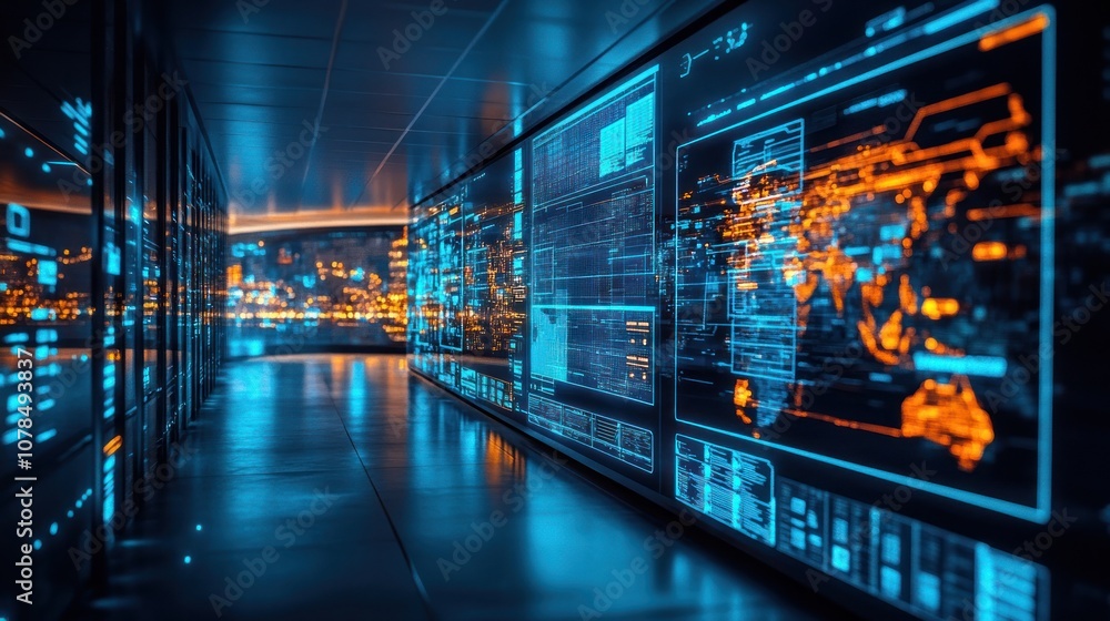 A futuristic server room with glowing screens displaying data and a world map. A futuristic server room with glowing screens displaying data and a world map.