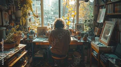 A person sits at a desk in a well-lit room with large windows, surrounded by art and plants.