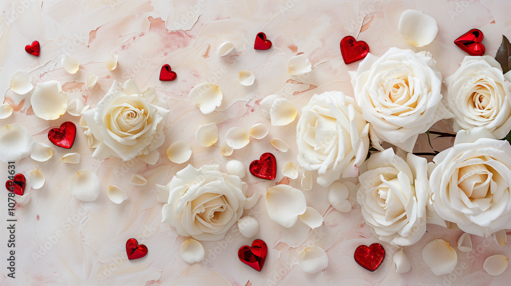 Valentine's Day Background with White Roses and Red Hearts Valentine's Day Background with White Roses and Red Hearts