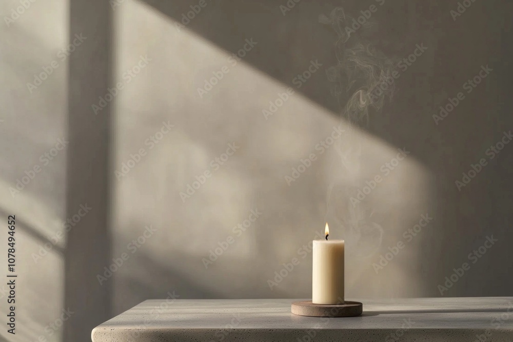 A single, elegant candle atop a minimalist table in a modern, empty room, with subtle smoke A single, elegant candle atop a minimalist table in a modern, empty room, with subtle smoke