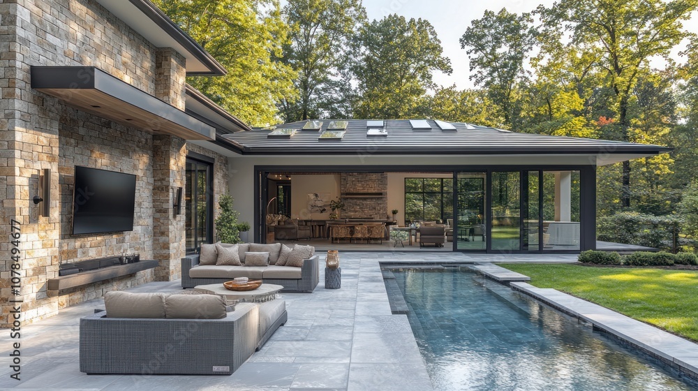 Modern home exterior with pool and outdoor seating area.