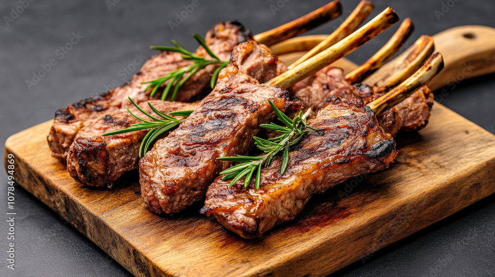 Grilled lamb kebabs with rosemary sprigs served on wooden board, showcasing delicious and appetizing presentation. Perfect for hearty meal or gathering Grilled lamb kebabs with rosemary sprigs served on wooden board, showcasing delicious and appetizing presentation. Perfect for hearty meal or gathering