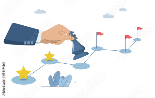 Timeline of ideas on how to overcome problems, Strategic planning process, Planning the steps of the project progress, Timeline of the process to success, Big hands hold chess and plan the work.