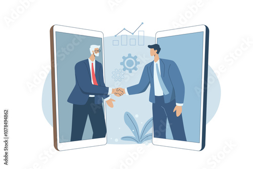 Virtual communication, Video conference communication, Businessmen handshake online, Remote work deals concept, Business discussion, Long distance conversation. Vector design illustration.