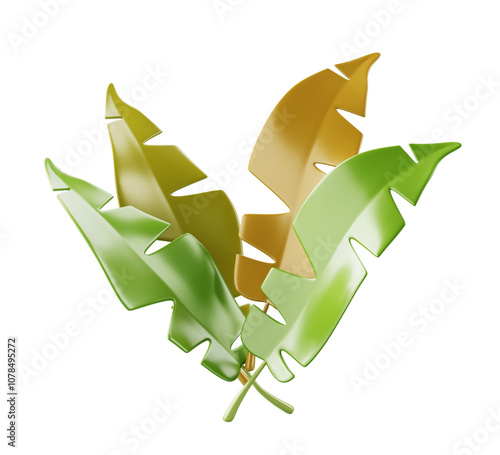 Tropical green banana leaves isolated 3d render png icon. Exotic plant branches, summer design element of coconut palm foliage for organic product, natural beauty, paradise vacation. 3D illustration photo