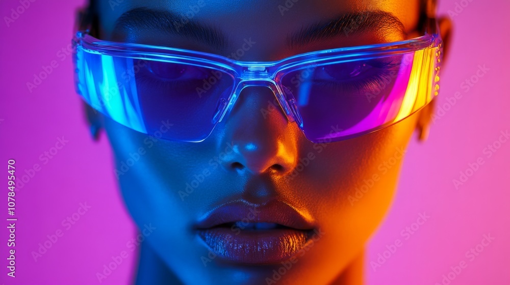 Close-up of woman in vibrant pink and blue reflective glasses Close-up of woman in vibrant pink and blue reflective glasses