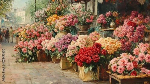 A vibrant street-side flower stall filled with an abundance of roses in various shades of pink, red, and white.