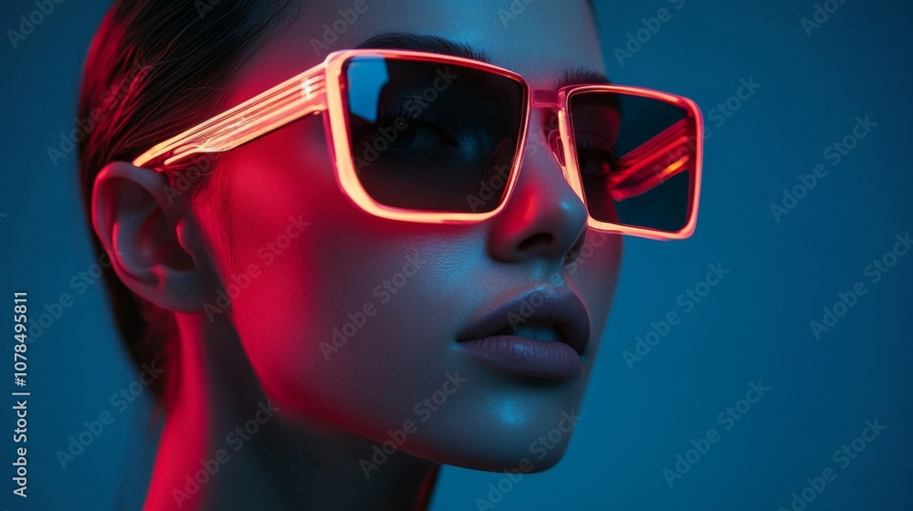 Stylish woman in pink and blue glasses with neon background Stylish woman in pink and blue glasses with neon background