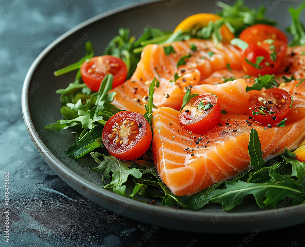 Smoked salmon with arugula salad, cherry tomato, and orange on a grey plate, perfect for fine dining photography. Smoked salmon with arugula salad, cherry tomato, and orange on a grey plate, perfect for fine dining photography.