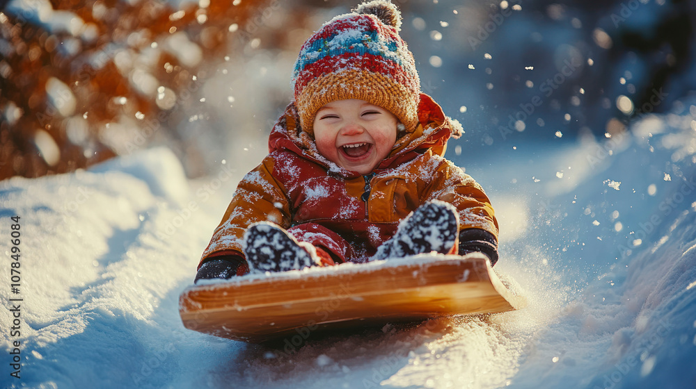 Laughing child sledding in winter snow with colorful beanie. Laughing child sledding in winter snow with colorful beanie.