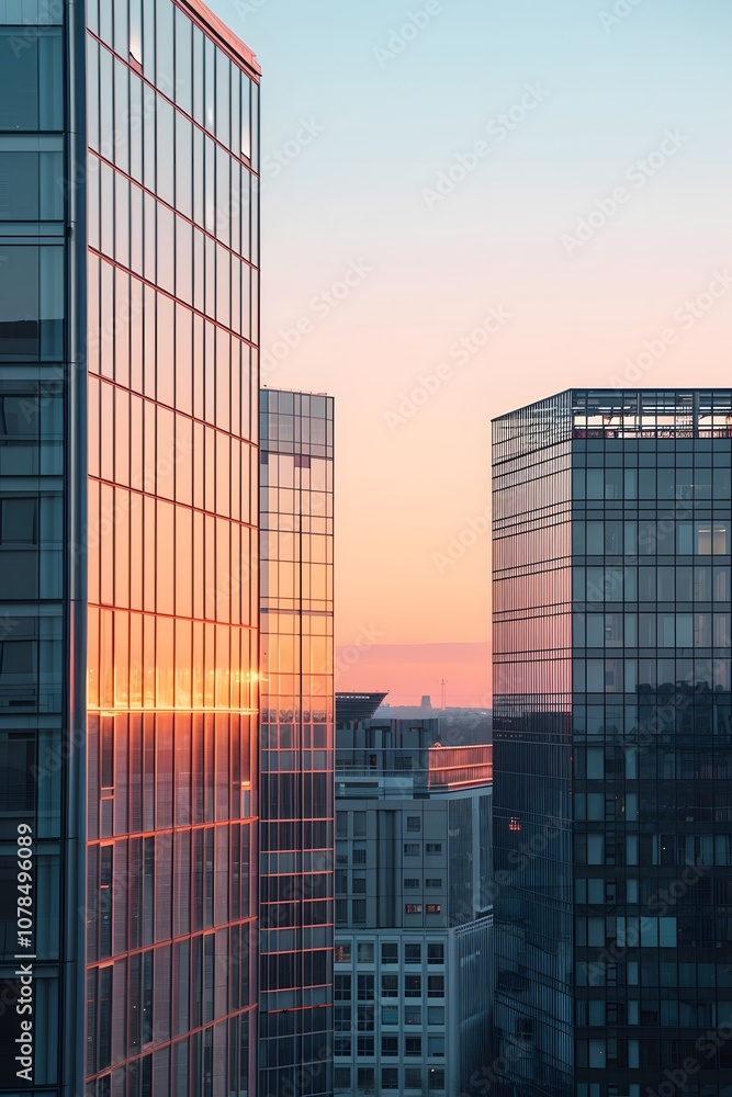 Simplicitystyled view of office buildings under sunset light AI generated illustration Simplicitystyled view of office buildings under sunset light AI generated illustration